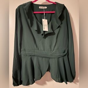 Wish Dark Green Ruffle V-Neck Peplum Blouse